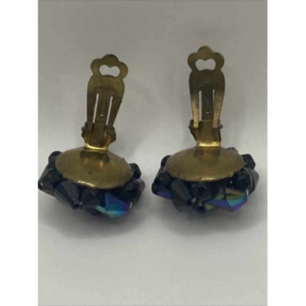 Vintage Clip on Earrings Black Glass Oil Slick West German Beads Peacock Retro - Picture 9 of 10